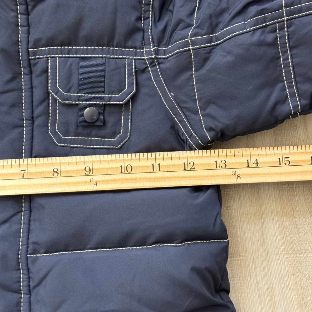 BabyGap Puffer Snowsuit Baby 6-12 Months Navy Blue Faux Fur Hood Down Fill